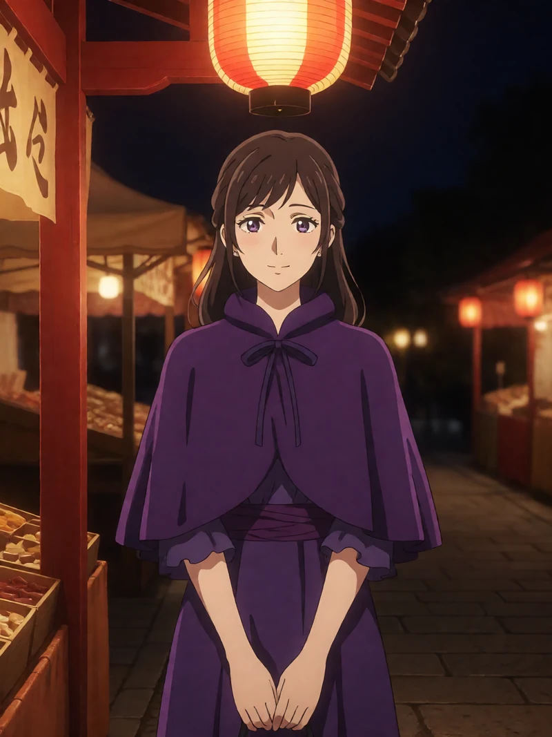 日式动漫风成年女性魔女穿紫色短斗篷居中站在夜市灯笼下
