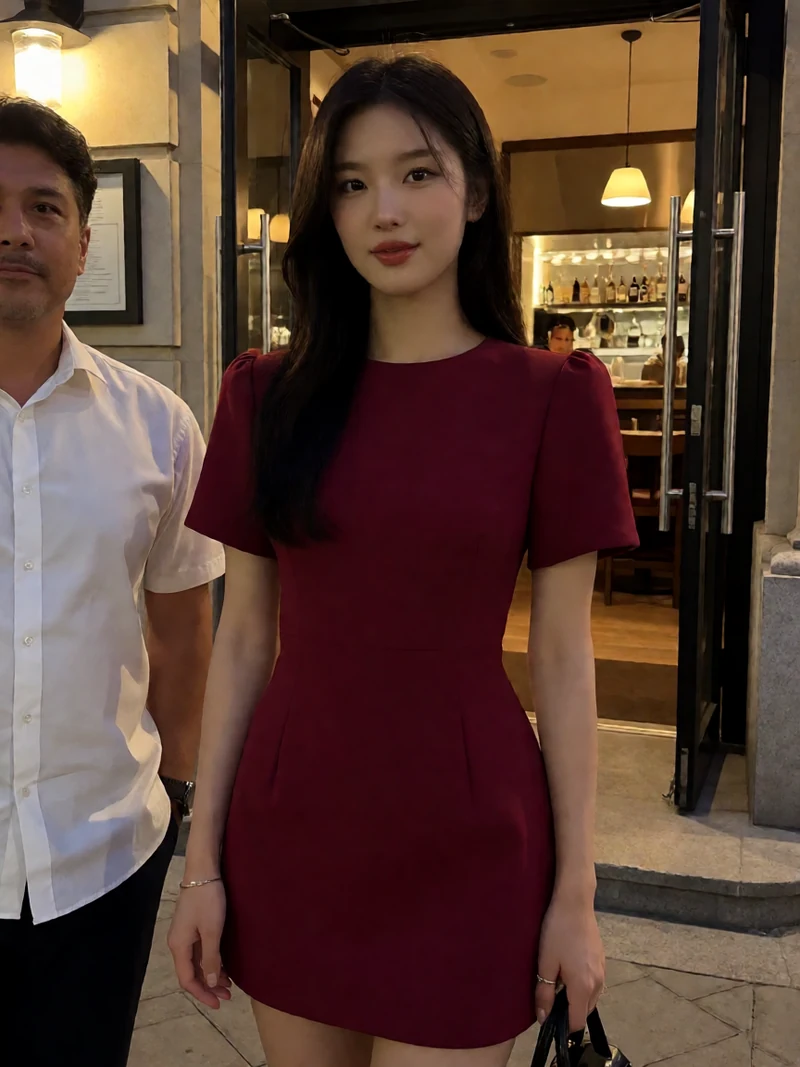虚构成年女性穿酒红短裙居中站在夜间餐厅外与成年同伴交谈
