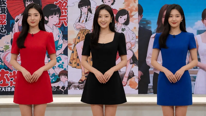 三名虚构成年女性穿红黑蓝女团风短裙居中站在短片动漫主播三分区布景前