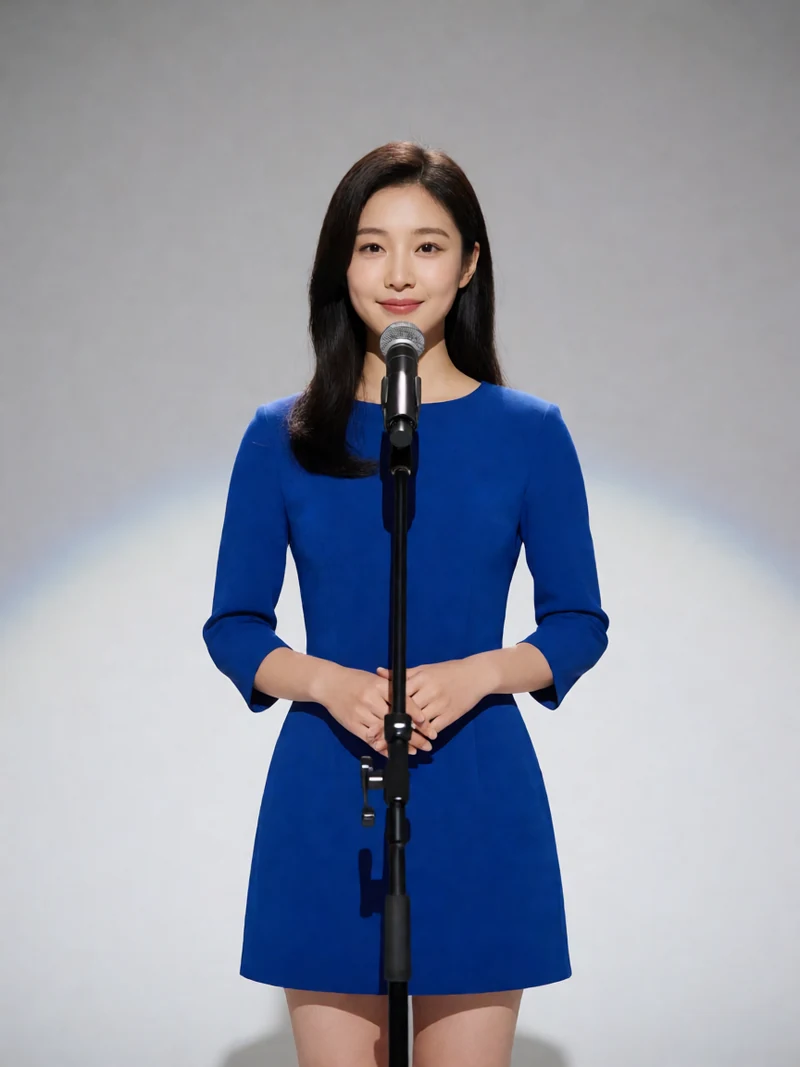 虚构成年女主播穿蓝色女团风短裙居中站在小型演唱舞台麦克风前